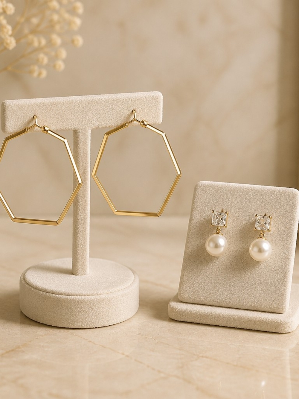 Elegant gold hexagon hoop earrings & faux pearl rhinestone earrings